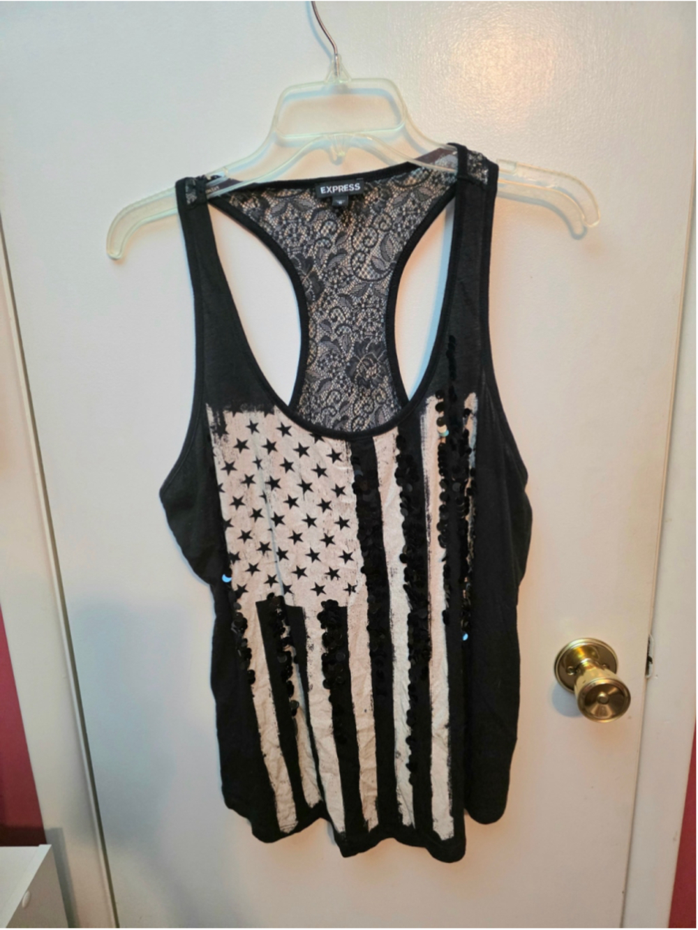 Women's y2k Express American Flag Sequin Tank Top Black White Size M